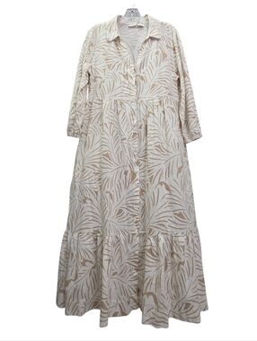 Nwot Nicole Miller Ivory Tan 3/4 Sleeve Button Down Resortwear Maxidress